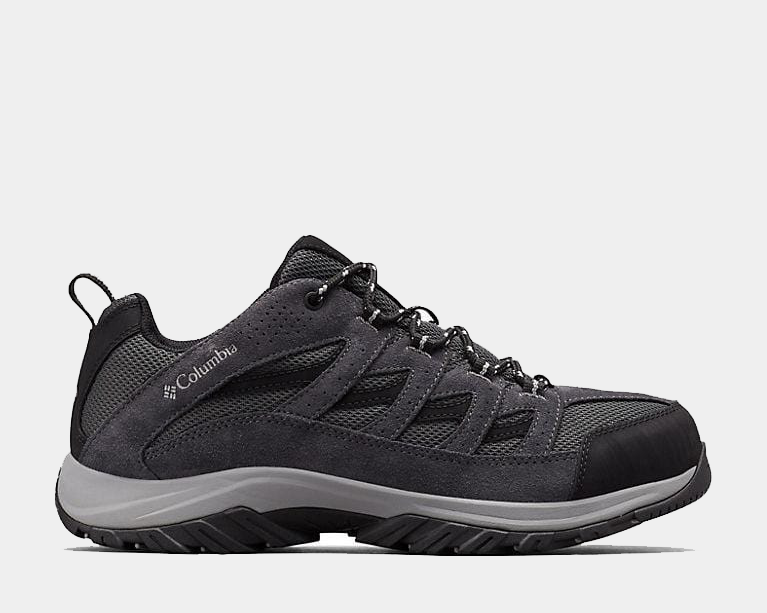 Columbia Crestwood Low hiking shoes in charcoal gray with durable suede and breathable mesh upper, side view.