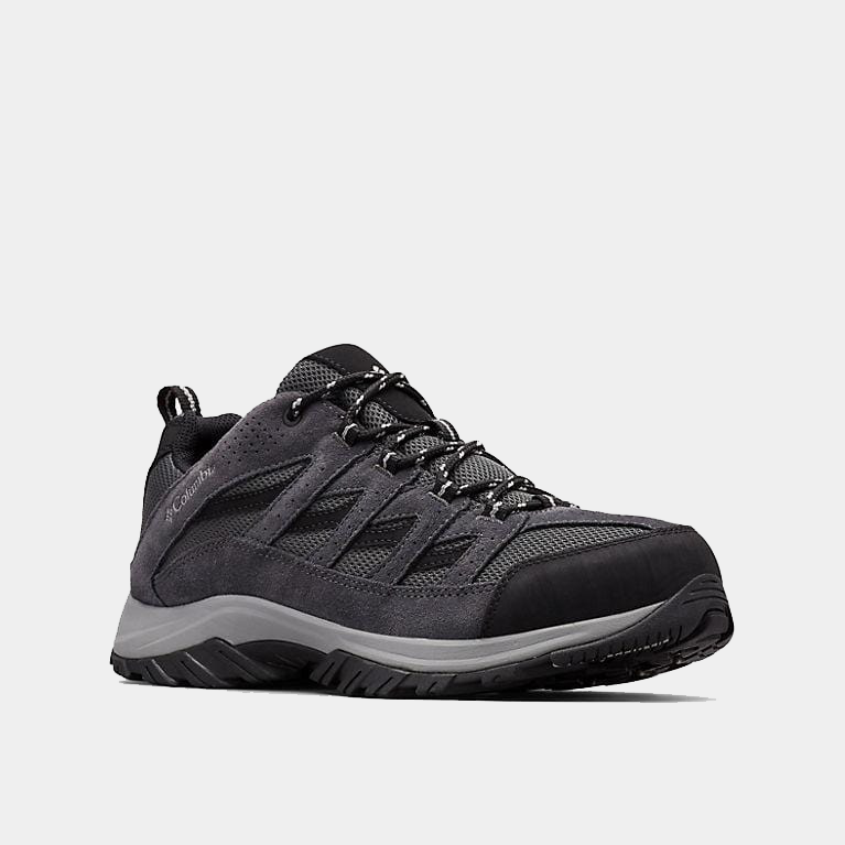 Columbia Crestwood Low hiking shoes in gray with suede overlays, mesh upper, and durable outsole, front angled view.