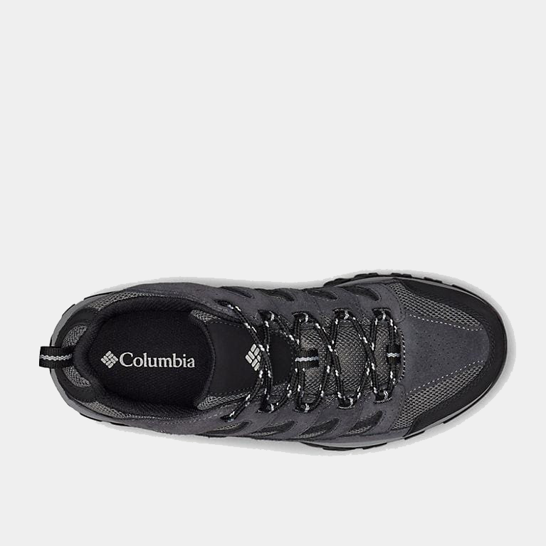 Columbia Crestwood Low hiking shoes in gray with mesh and suede upper, contrast laces, top view.
