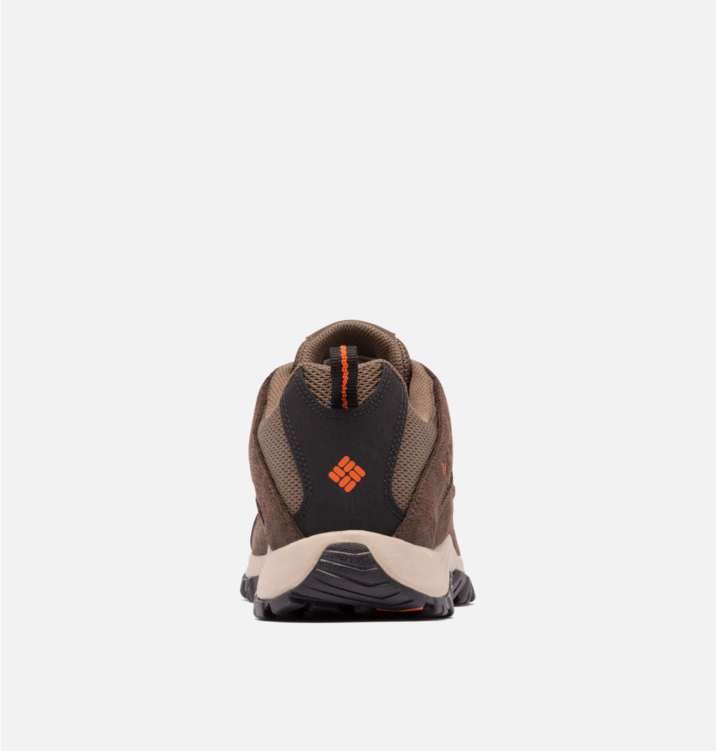 Columbia Crestwood Low hiking shoes back view showcasing heel design, brown mesh upper, and orange logo detailing.