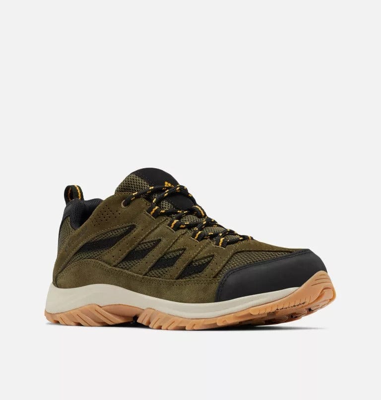 Columbia Crestwood Low hiking shoes in olive green with suede overlays, black accents, and durable gum outsole, side angle view.