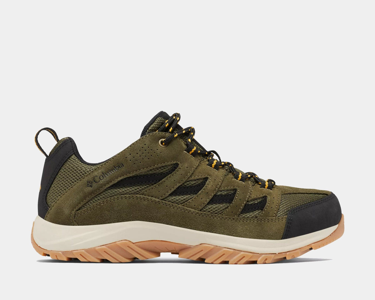 Columbia Crestwood Low hiking shoes in olive green and black with mesh and suede upper, durable outsole, side view.
