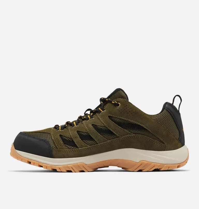 Columbia Crestwood Low hiking shoes in olive green with black mesh panels, leather overlays, and tan outsole, side view.