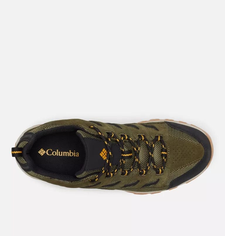 Columbia Crestwood Low hiking shoes in olive green with mesh upper, suede overlays, and black accents, top view showing lace system.