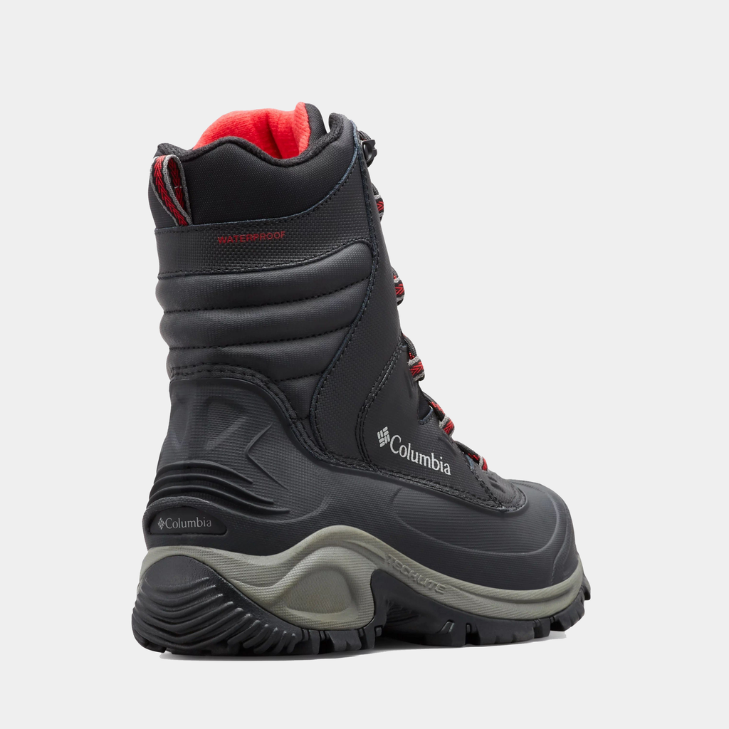 Columbia Bugaboot III winter boots back view in black with red accents, waterproof construction, and durable rubber sole.