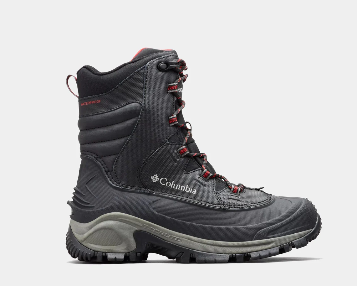 Columbia Bugaboot III winter boots in gray with waterproof construction, red lace accents, and rugged Techlite sole, side view.