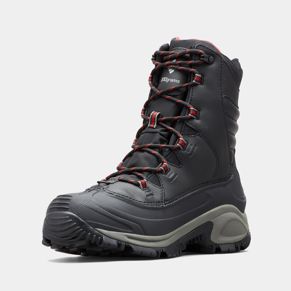Columbia Bugaboot III winter boots in black with red laces, waterproof construction, and insulated design, front-side view.