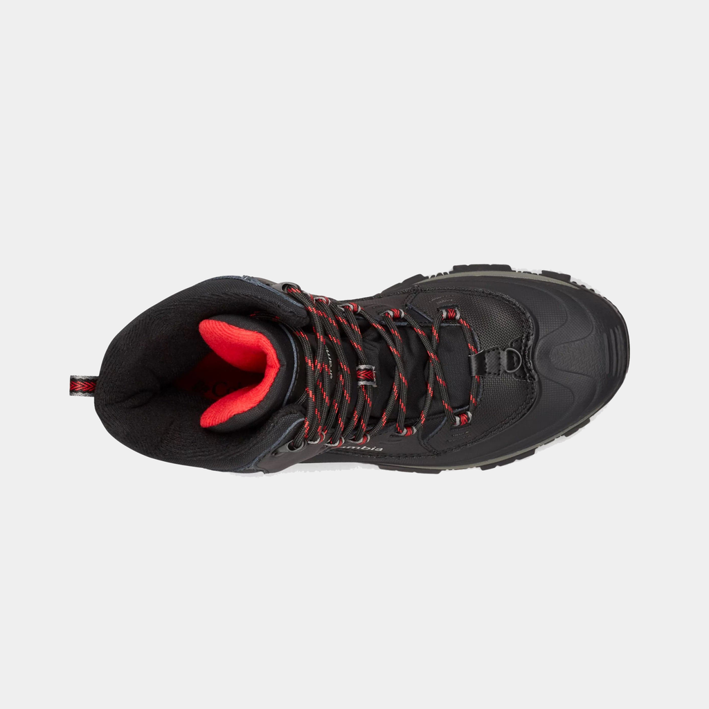 Columbia Bugaboot III winter boots in black with red accents, featuring a durable lace system and insulated interior, top view.
