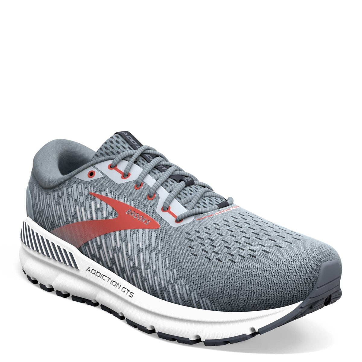 Brooks Addiction GTS 15 running shoes in gray with red accents, engineered mesh upper, and GuideRails support system, front angle.