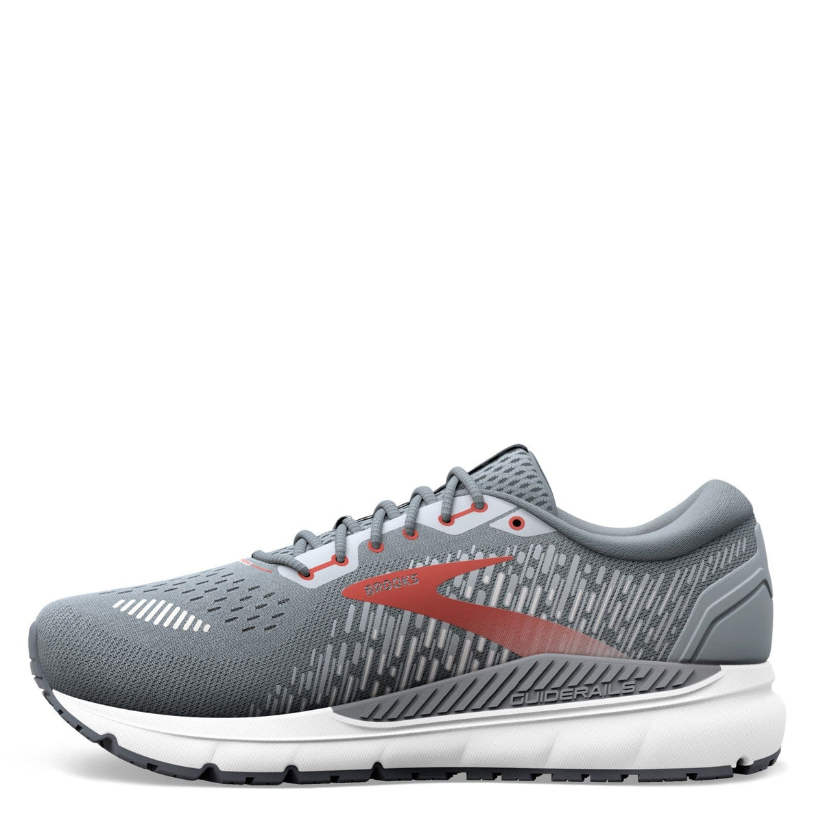 Brooks Addiction GTS 15 running shoes in gray with red accents, mesh upper, and GuideRails support system, side view.