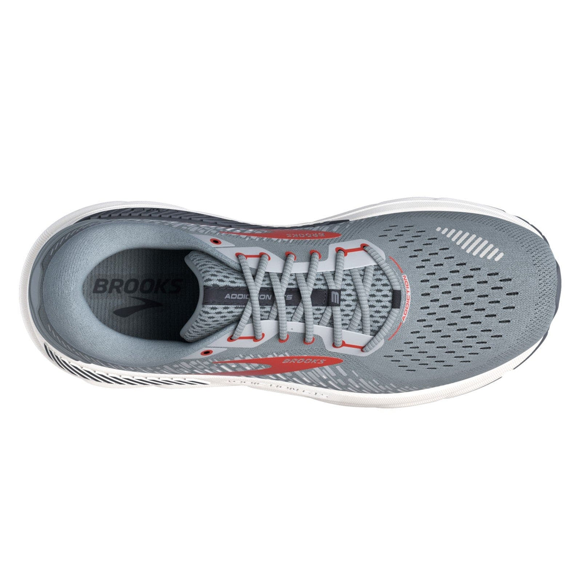 Brooks Addiction GTS 15 running shoes, top view showing engineered mesh upper in gray with red accents and lace-up design.