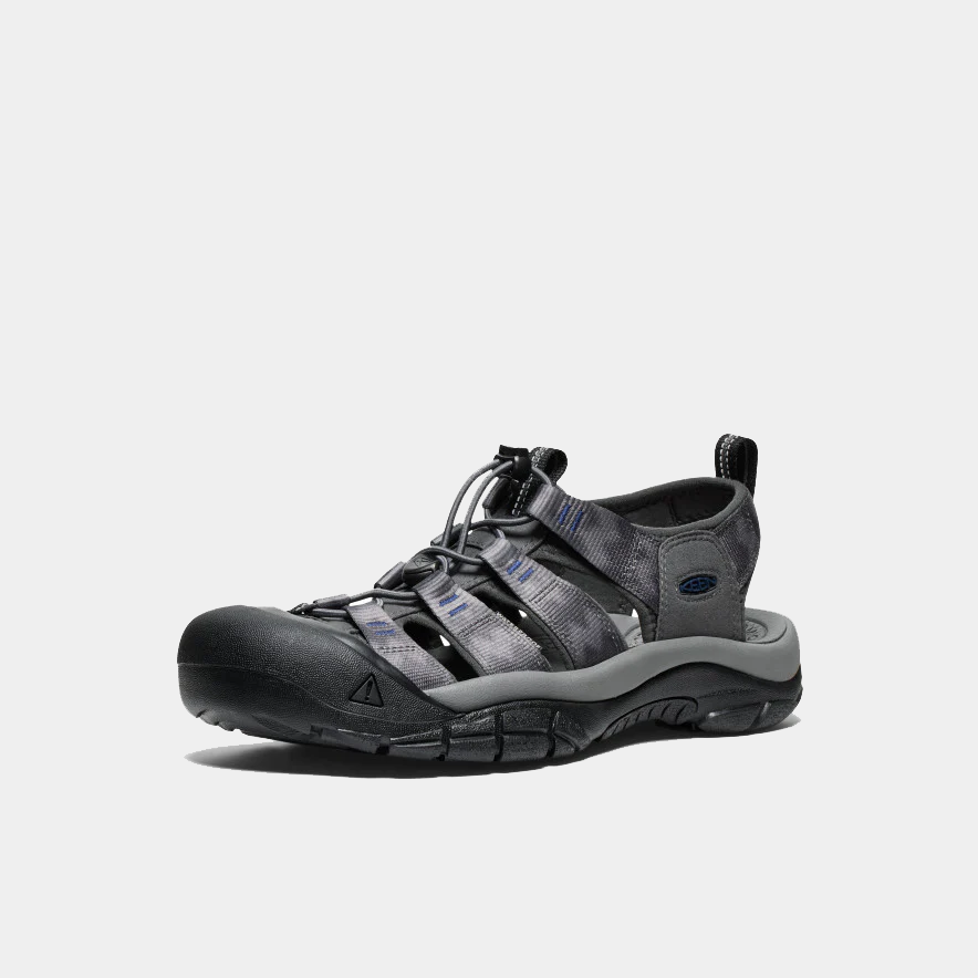 Keen Newport H2 sandals in charcoal gray with durable toe cap, adjustable bungee lacing system, and water-resistant upper, angled front-side view.