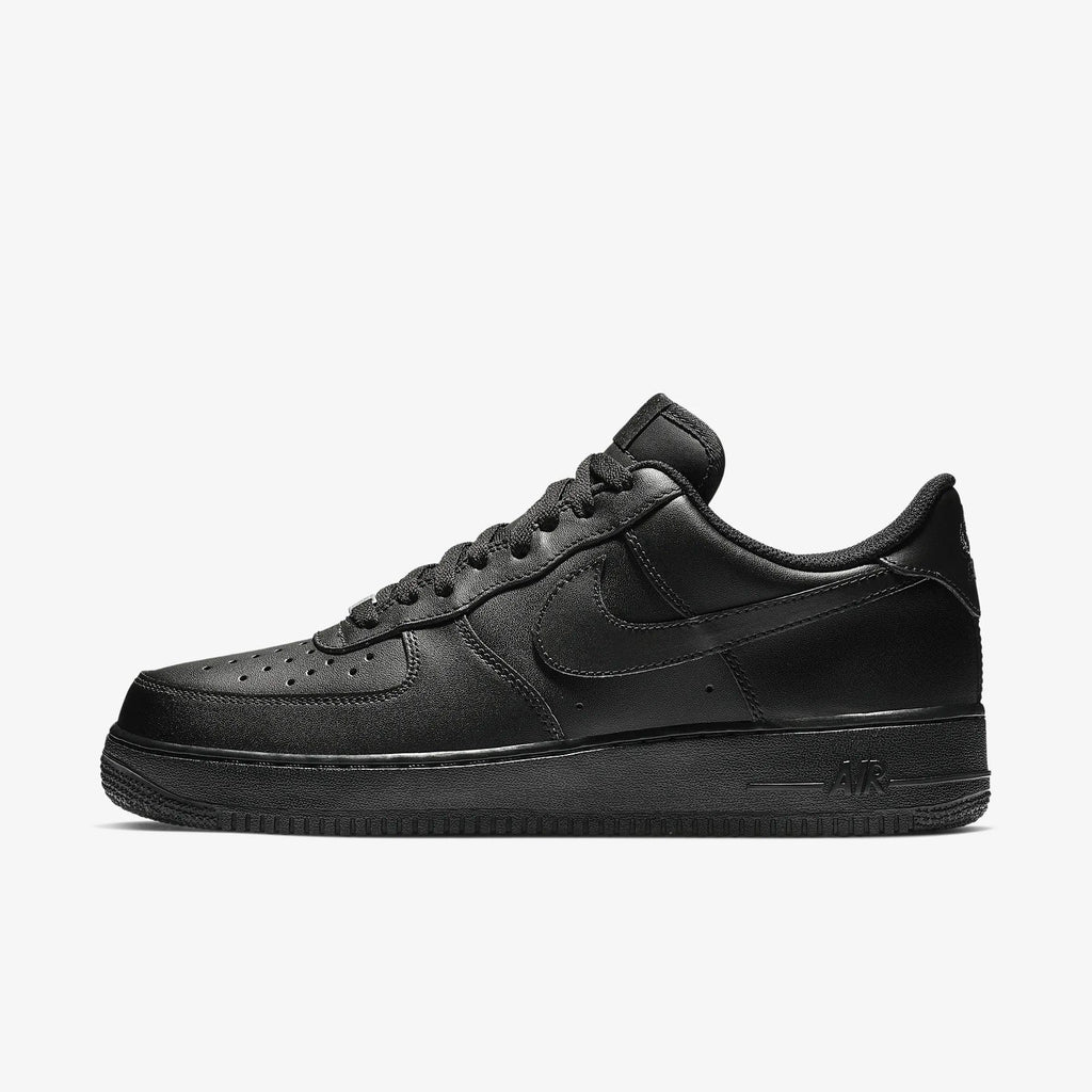 Nike Air Force 1 '07 sneakers in all-black leather with perforated toe box and tonal overlays, side view.