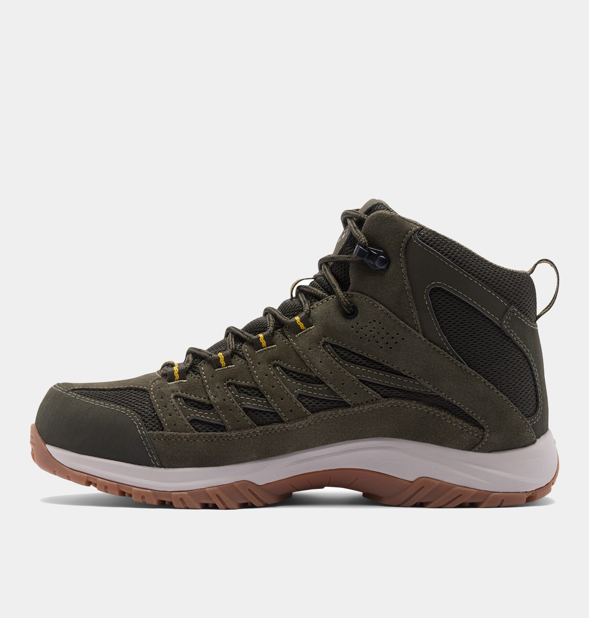 Columbia Crestwood Mid Waterproof hiking boots in olive green with suede overlays, mesh panels, and durable rubber outsole, side view.