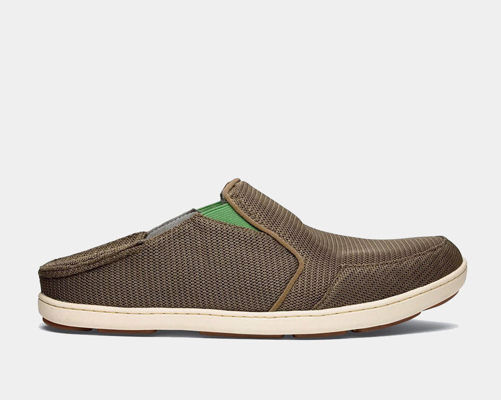 OluKai Nohea Mesh slip-on shoes in brown mesh with green inner lining and white sole, side view.