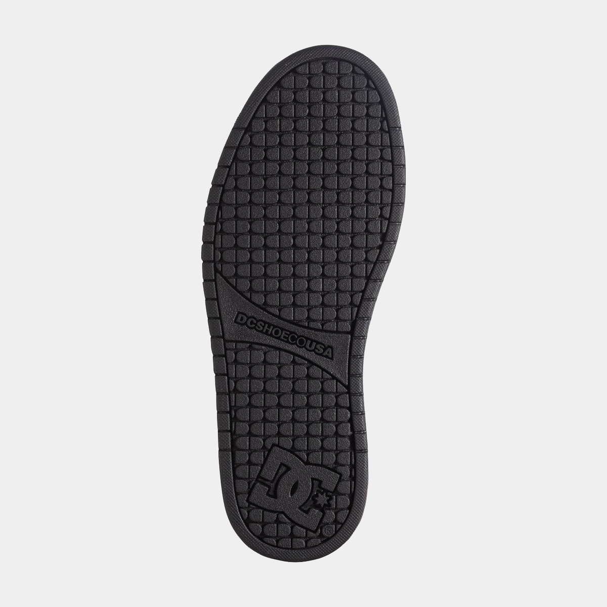 DC Footwear Court Graffik shoes outsole in black rubber with textured tread pattern and branding details, sole/bottom view