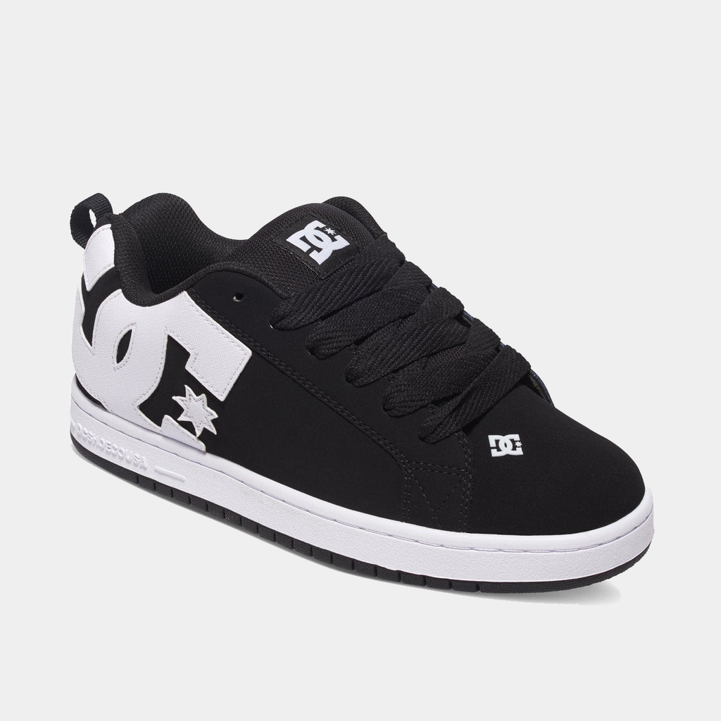 DC Footwear Court Graffik skate shoes in black with large white logo on the side, padded collar, and white outsole, side angle.