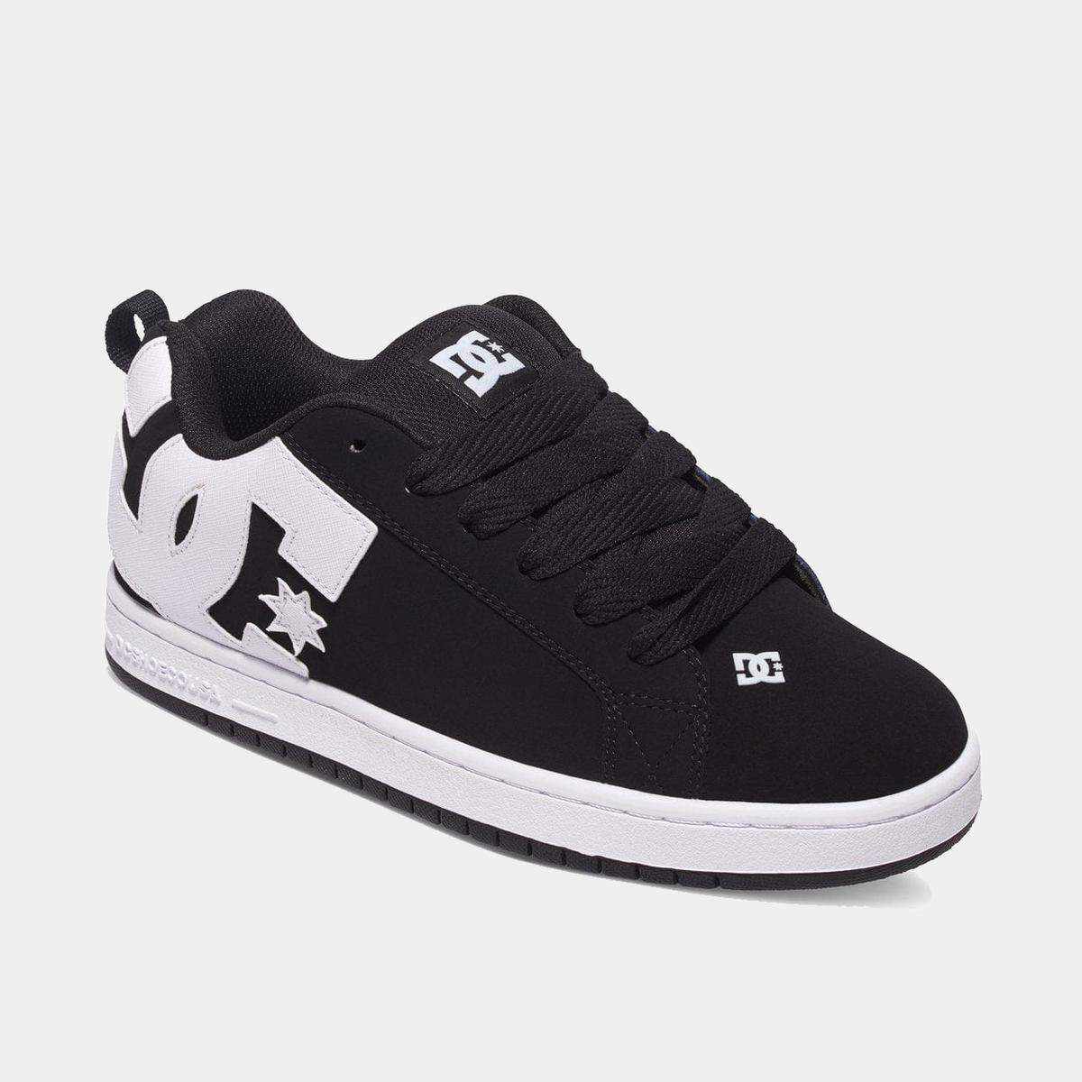 DC Footwear Court Graffik skate shoes in black with large white logo on the side, padded collar, and white outsole, side angle.