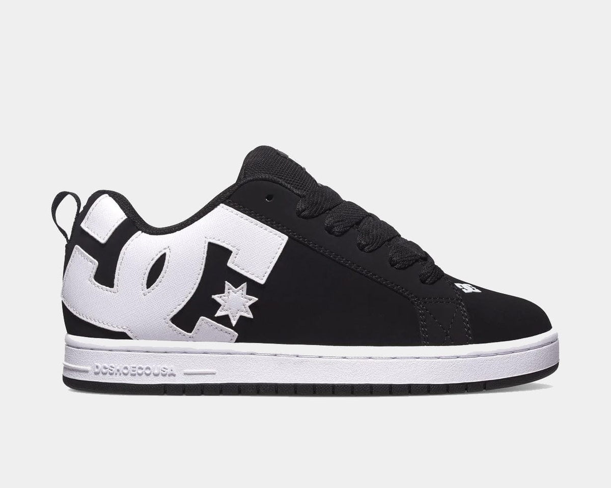DC Footwear Court Graffik skate shoes in black with oversized white logo and padded collar, side view