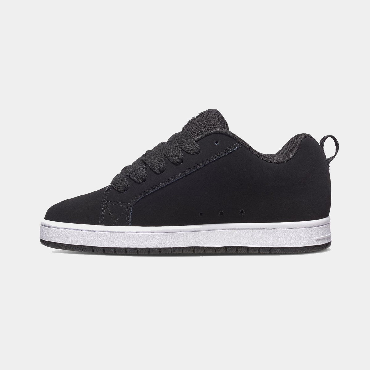 DC Footwear Court Graffik sneakers in black with a padded collar and white midsole, side view.