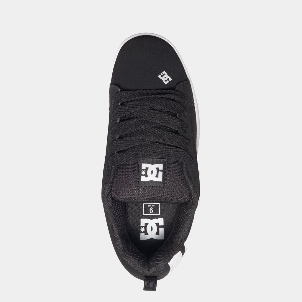 DC Footwear Court Graffik sneakers in black with white logo detailing and padded tongue, top view showing lace-up design.