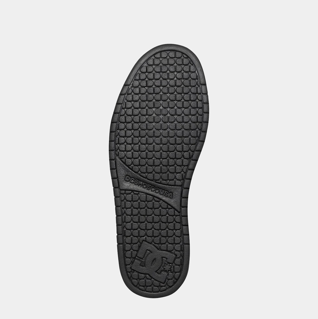 DC Footwear Court Graffik shoes outsole in black with textured tread pattern and DC logo, bottom view.