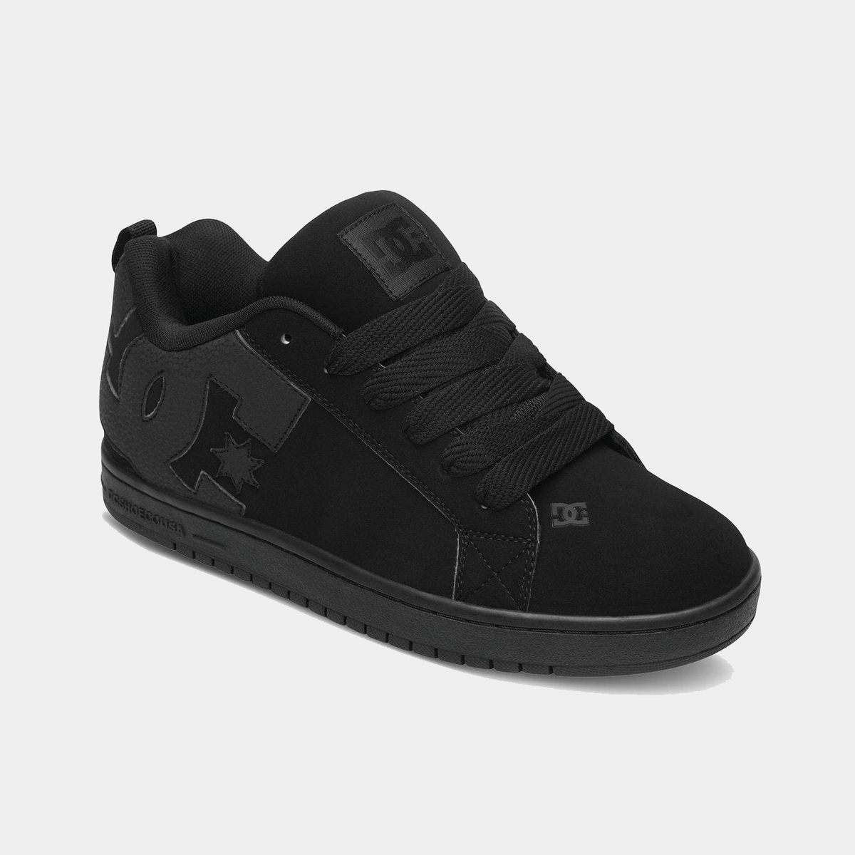 DC Footwear Court Graffik skate shoes in all-black with oversized logo detailing, padded collar, and durable leather upper, side view.