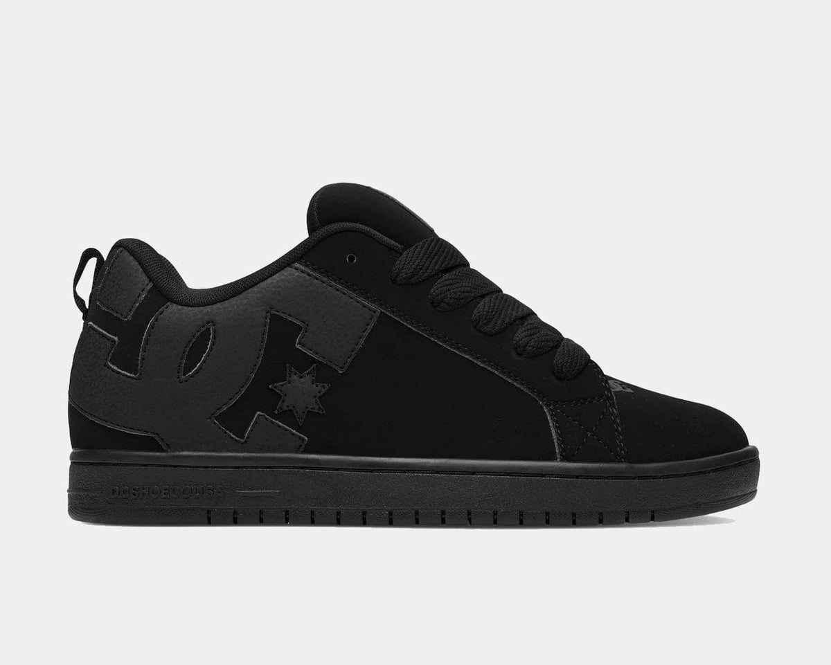 DC Footwear Court Graffik skate shoes in all-black with oversized logo detailing and padded collar, side view.
