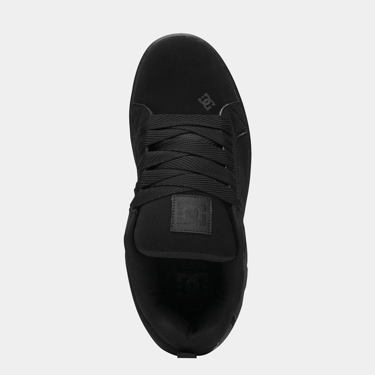 DC Footwear Court Graffik sneakers in all-black with padded tongue and logo detailing, top view.