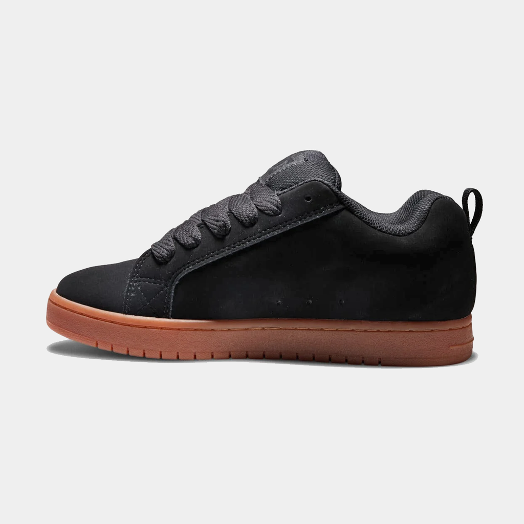DC Footwear Court Graffik skate shoes in black with a padded collar and brown rubber outsole, side view.