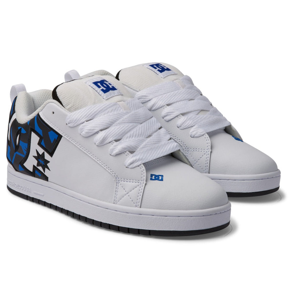 DC Footwear Court Graffik skate shoes in white with bold blue and black graphic detail, side angle view