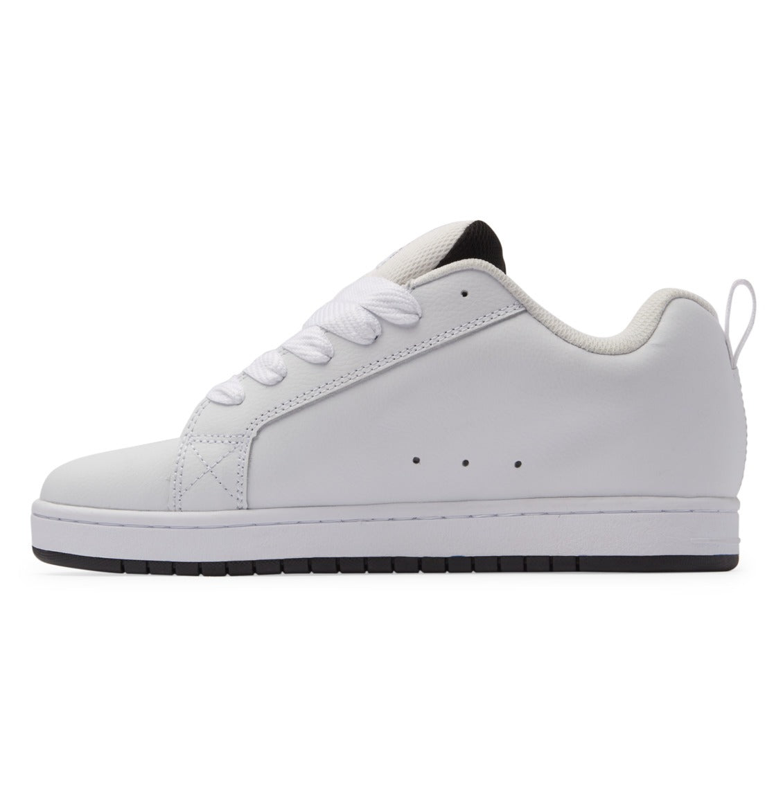 DC Footwear Court Graffik sneakers side view, white leather upper with perforation details, padded collar, and black outsole.