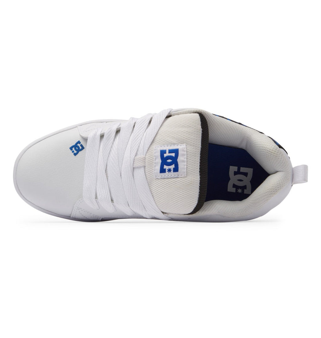 DC Footwear Court Graffik sneakers in white with blue logo detailing, padded tongue, and lace-up design, top view.