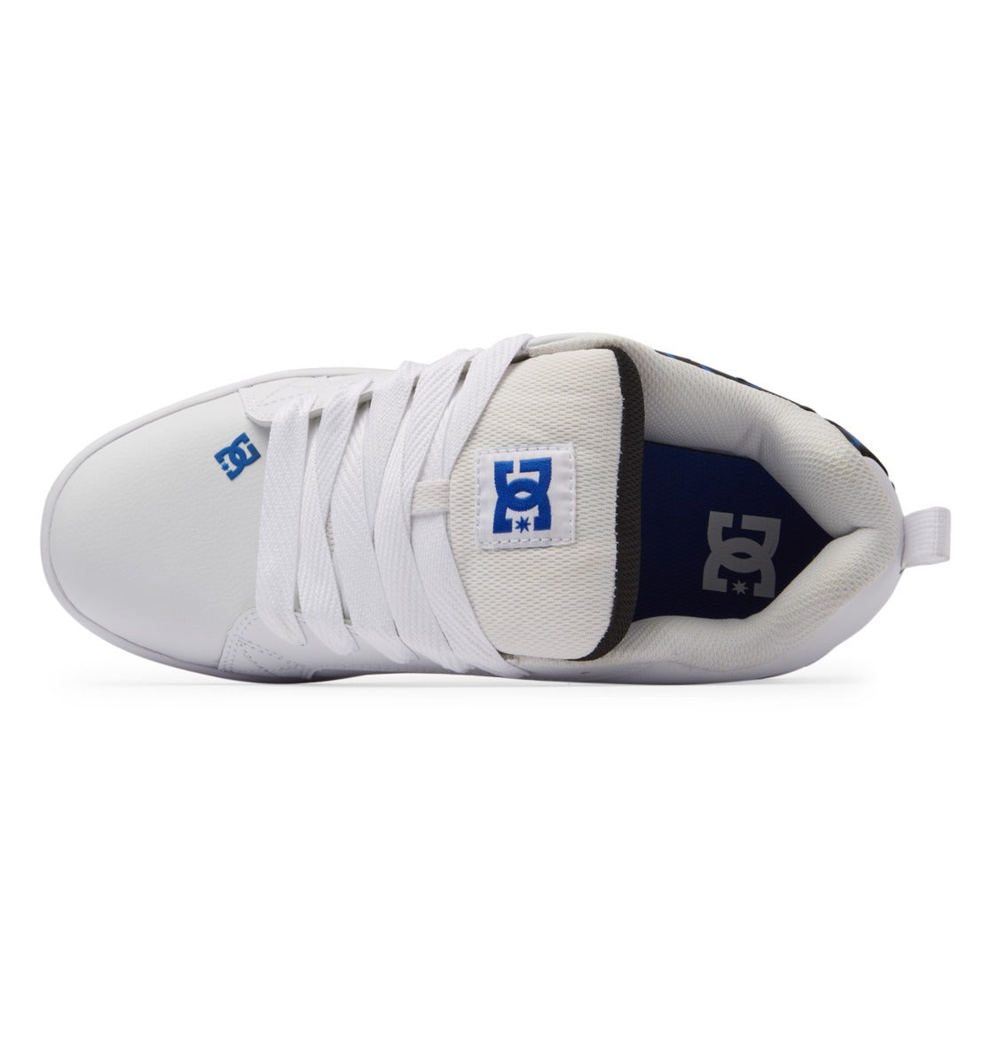 DC Footwear Court Graffik sneakers in white with blue logo detailing, padded tongue, and lace-up design, top view.
