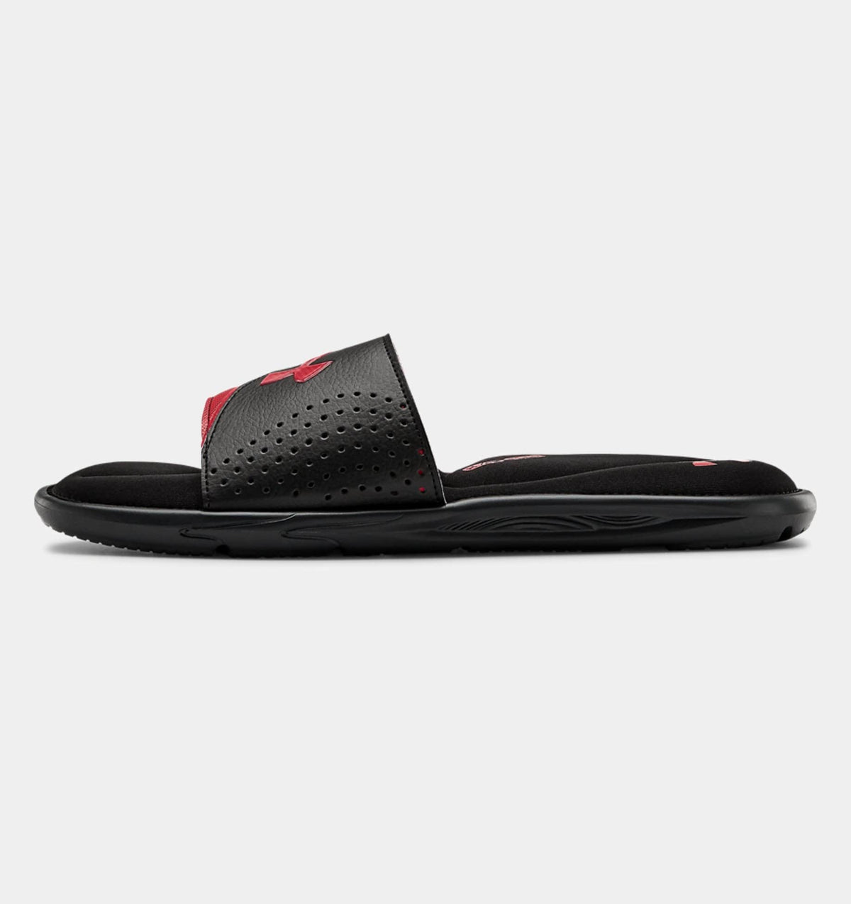Under Armour Ignite VI SL slides in black with perforated strap and red logo, side view.