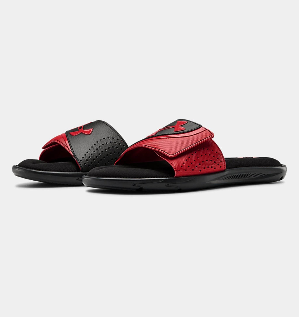 Under Armour Ignite VI SL sandals in black and red with perforated adjustable straps and cushioned footbed, side angled view.