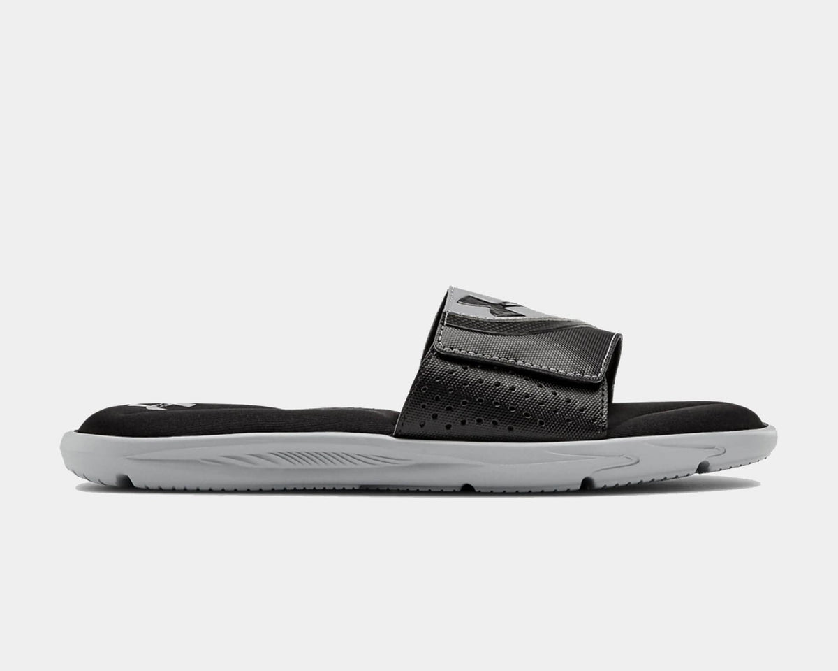 Under Armour Ignite VI SL slides in black with perforated synthetic strap and foam footbed, side view.