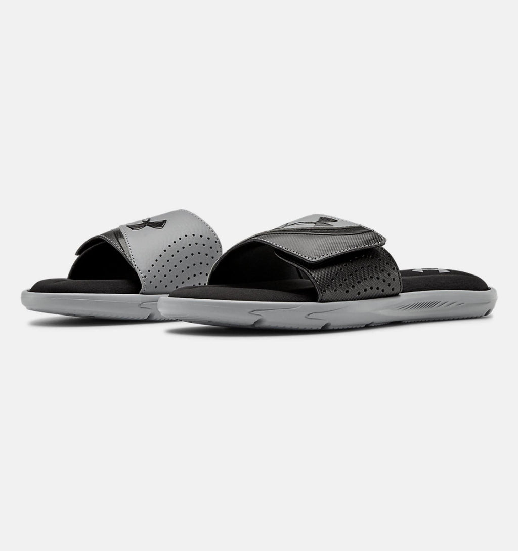 Under Armour Ignite VI SL slides in gray and black with perforated synthetic strap and cushioned footbed, angled front view.