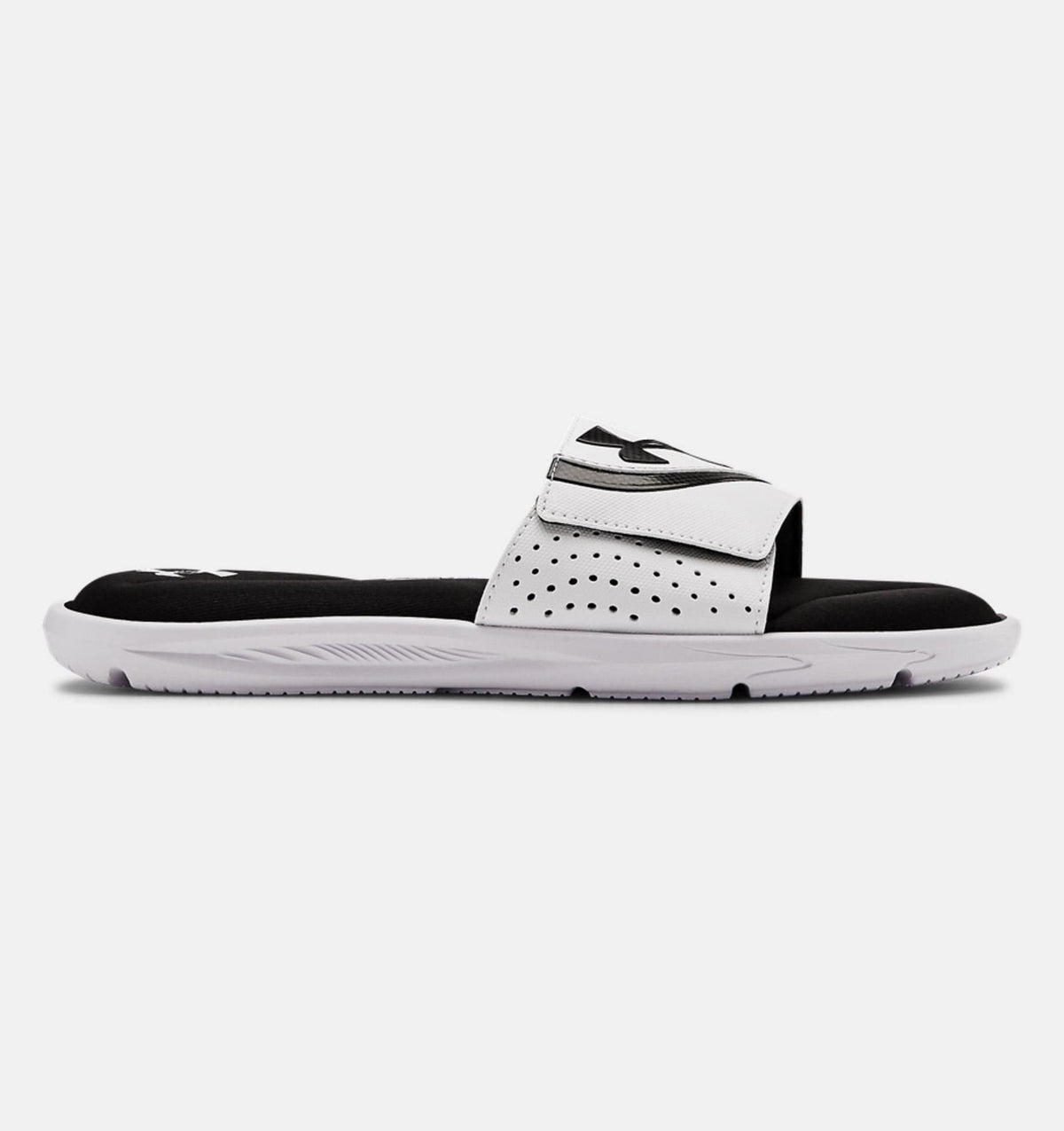 Under Armour Ignite VI SL slides featuring white synthetic strap with perforations, black footbed, and foam cushioning, side view.