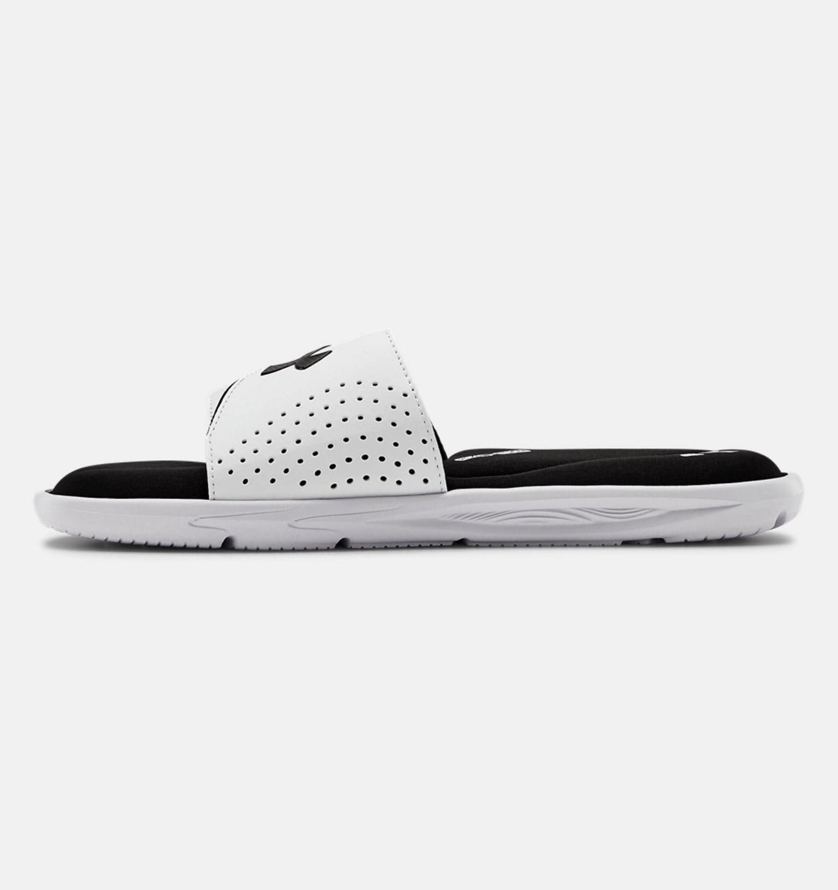 Under Armour Ignite VI SL slides in black and white with perforated strap and cushioned footbed, side view.