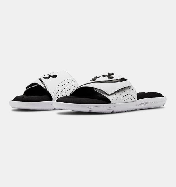 Under Armour Ignite VI SL sandals in white with perforated synthetic straps, adjustable closure, and cushioned black footbed, front angle view.