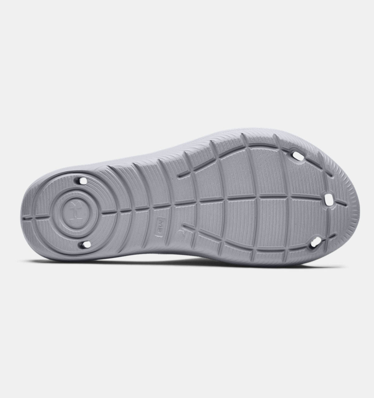Under Armour Locker IV SL sandals outsole with textured grooves and drainage holes in gray rubber, bottom view