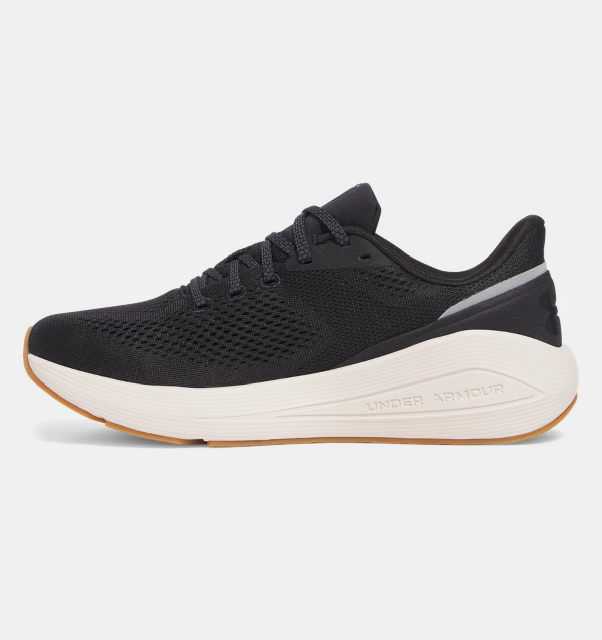 Under Armour HOVR Sonic 7 running shoes with a black knit upper, white cushioned midsole, and gum outsole, side view.