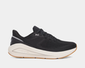Under Armour HOVR Sonic 7 running shoes in black with breathable mesh upper, white midsole, and gum rubber outsole, side view.