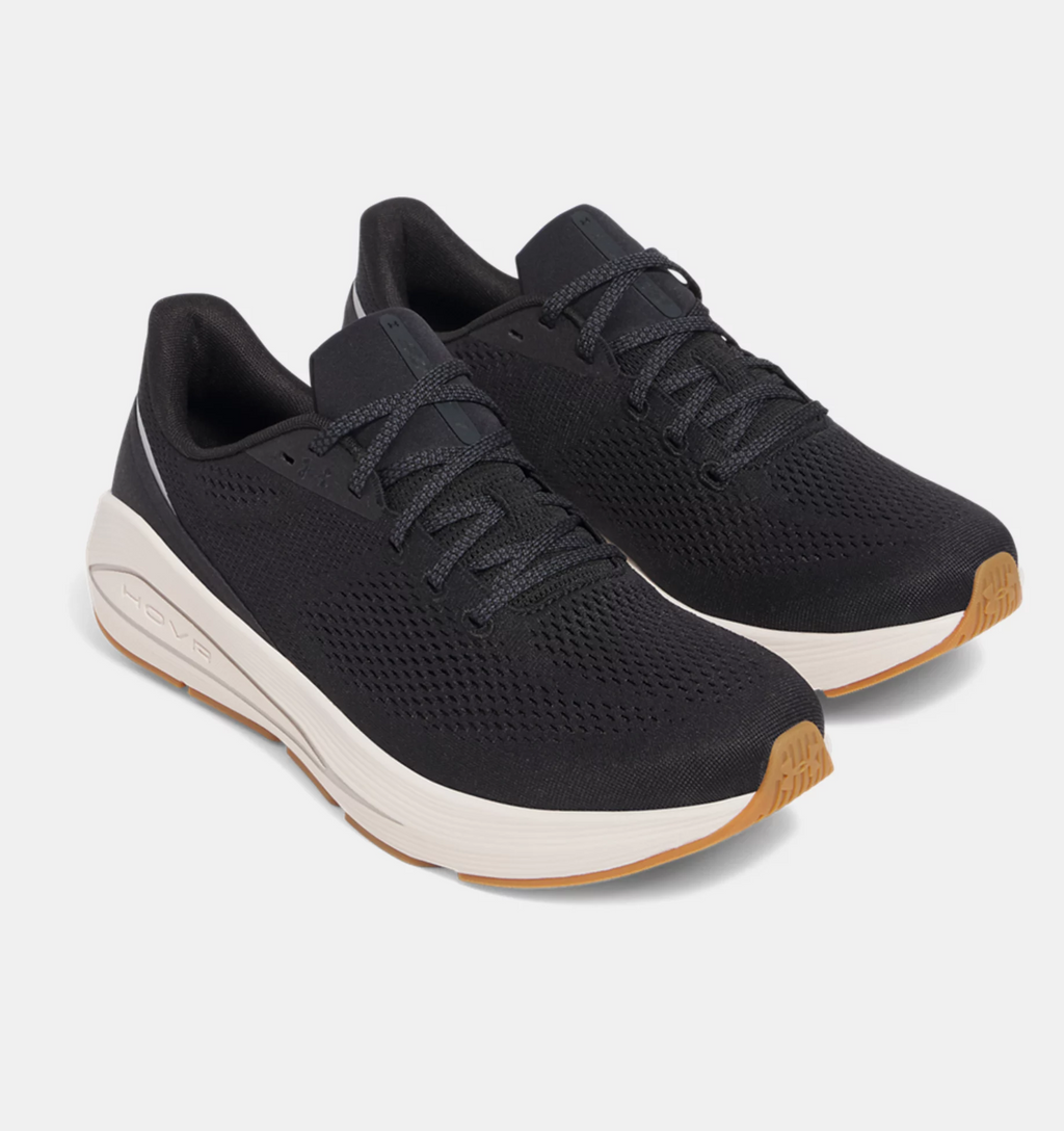 Under Armour HOVR Sonic 7 running shoes, black with breathable mesh upper, white midsole, and gum rubber outsole, angled front view.