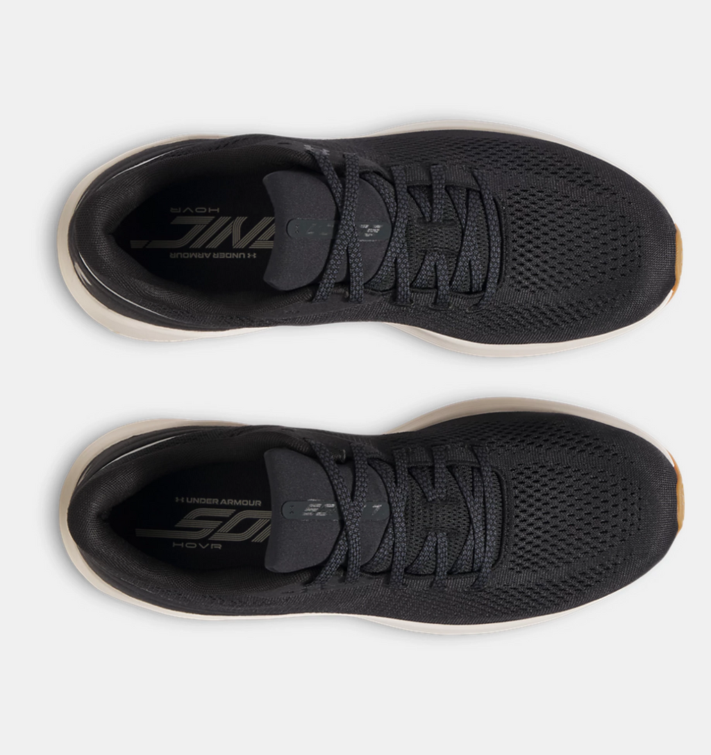 Under Armour HOVR Sonic 7 running shoes top view, showcasing black mesh upper with lace system and branded insole.