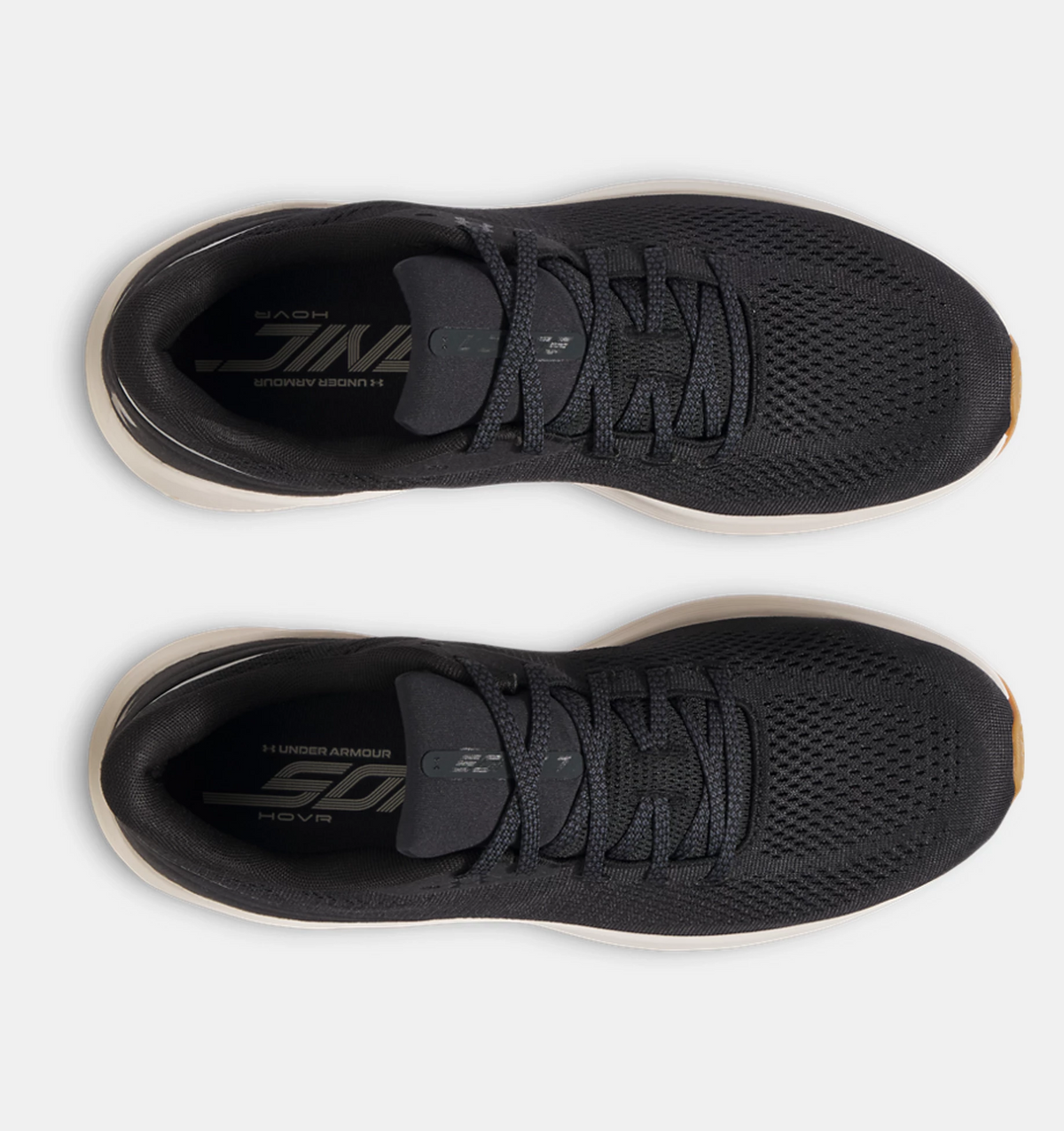 Under Armour HOVR Sonic 7 running shoes top view, showcasing black mesh upper with lace system and branded insole.