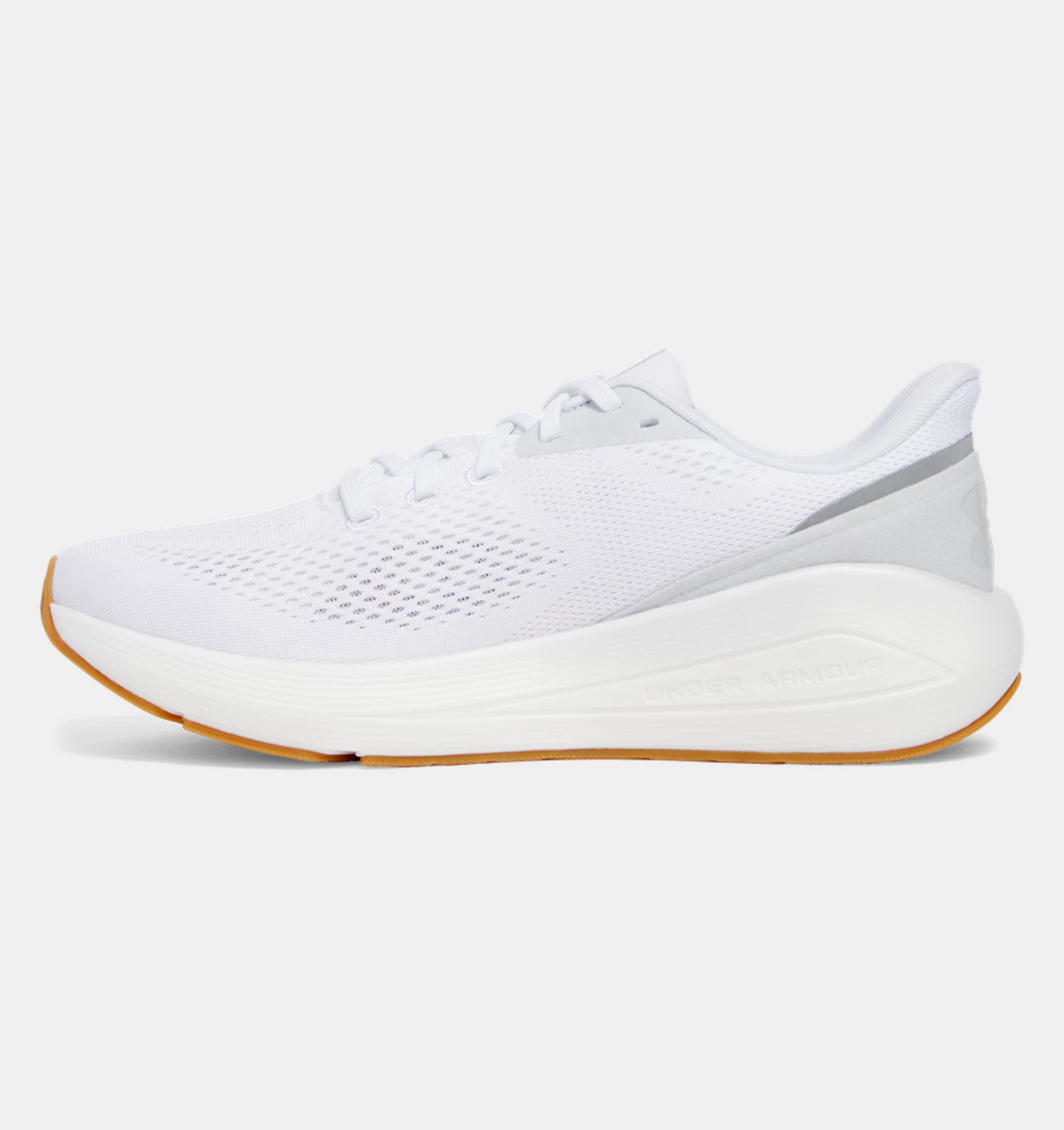Under Armour HOVR Sonic 7 running shoes in white with breathable mesh upper and gum outsole, side view.