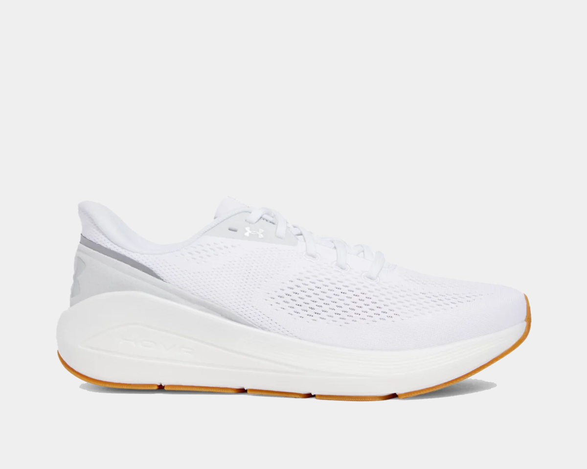 Under Armour HOVR Sonic 7 running shoes with white mesh upper, gray accents, cushioned midsole, and gum rubber outsole, side view.