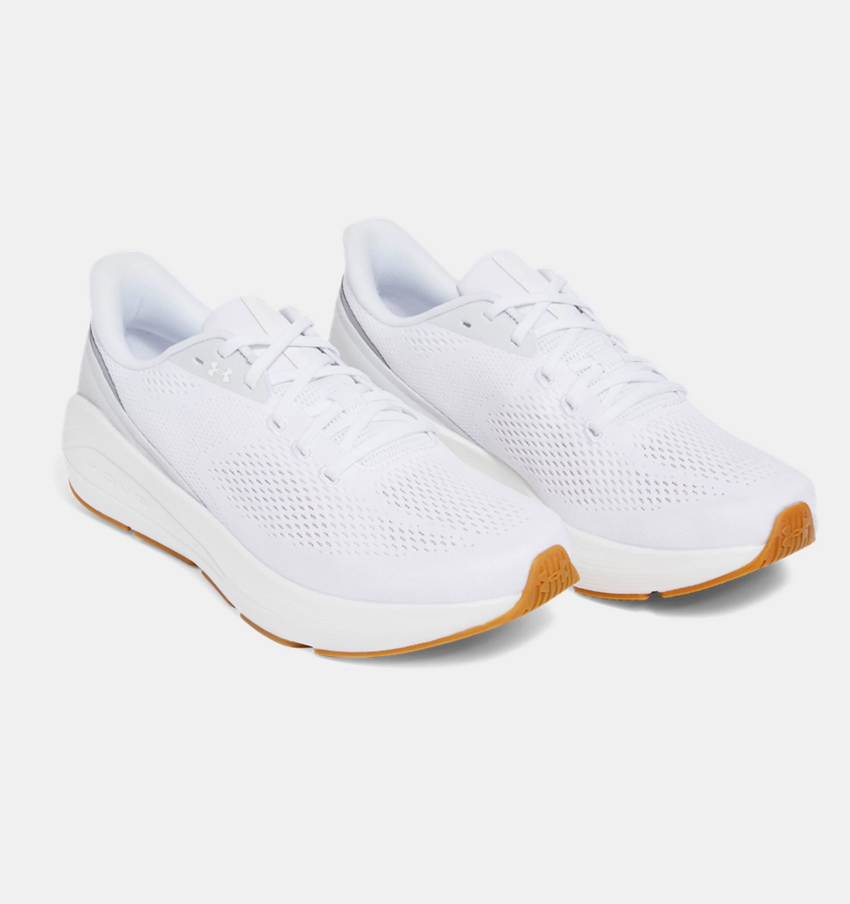 Under Armour HOVR Sonic 7 running shoes in white with breathable mesh upper, cushioned midsole, and gum rubber outsole, angled front view.